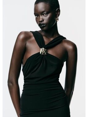 Zara Midi Dress Black Fitted Wrap Gold Neck Detail Criss-Cross Back Slit Large